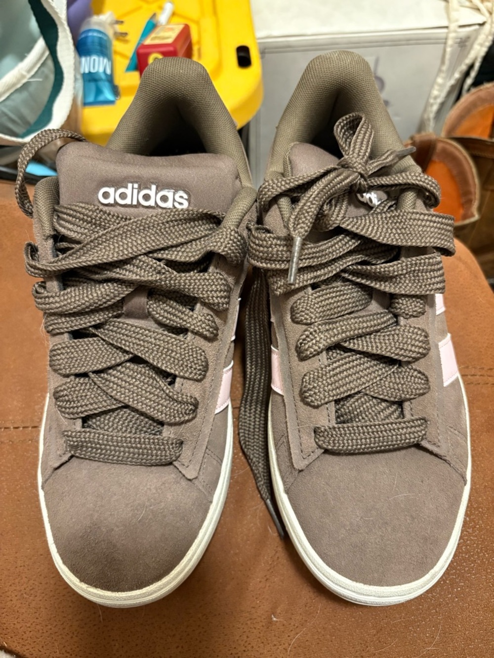 Never Worn Adidas Women’s Brown Suede Sneakers with Light Pink Stripes